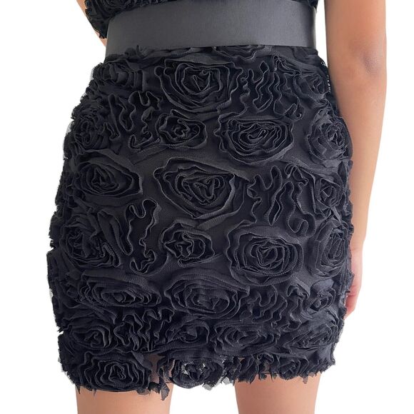 Zara Evening Strapless Dress Size S City Party Bodycon Black Raised Tulle Roses - Picture 9 of 14